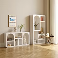 White Arched Open Decorative Cabinet With Books Vases Sculpture And Decorative Painting