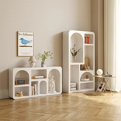 White Arched Open Decorative Cabinet With Books Vases Sculpture And Decorative Painting 3d model