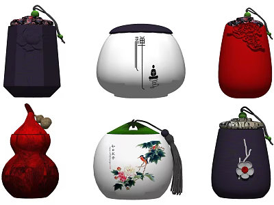 Traditional Style Decorative Household Items Featuring Gourd Shape Various Colors and Tassels 3d model