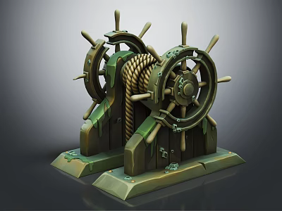 Vintage Ship Wheels Decorative Piece With Wooden Base And Coiled Rope 3d model