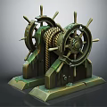 Vintage Ship Wheels Decorative Piece With Wooden Base And Coiled Rope