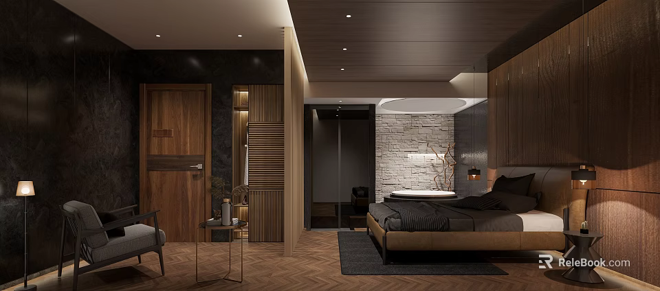 Modern Hotel Room Interior With Wooden Elements Marble Wall King Bed And Geometric Flooring 3d model 