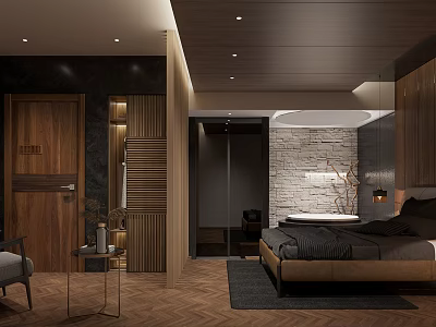 Modern Hotel Room Interior With Wooden Elements Marble Wall King Bed And Geometric Flooring 3d model