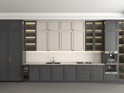 Modern Kitchen With Gray And Beige Cabinets Illuminated Shelves Countertop And Oven 3d model