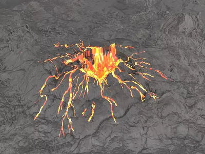 Breathtaking Volcanic Landscape With Erupting Crater And Flowing Red Lava Streams 3d model