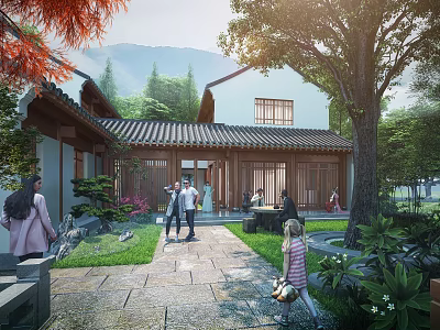Ancient Architecture Courtyard With Traditional Roof People Walking Among Trees And Mountain View 3d model