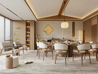 Zen New Chinese Restaurant Room Box Room Song Dynasty Aesthetic Background Wall Round Dining Table and Chair Combination Song Style Restaurant Chandelier Balcony Leisure Chair 3d model