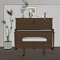 Elegant Home Interior Featuring Wooden Piano With Artwork Decorations Potted Plant And Stool
