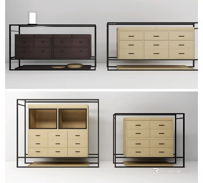Modern Sideboard Designs With Metal Frame Dark Brown And Light Beige Drawers Cabinet Doors 3d model 