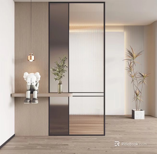 Modern Interior Room Divider Design With Wooden Panels Metal Frame Green Plants And Lighting 3d model 