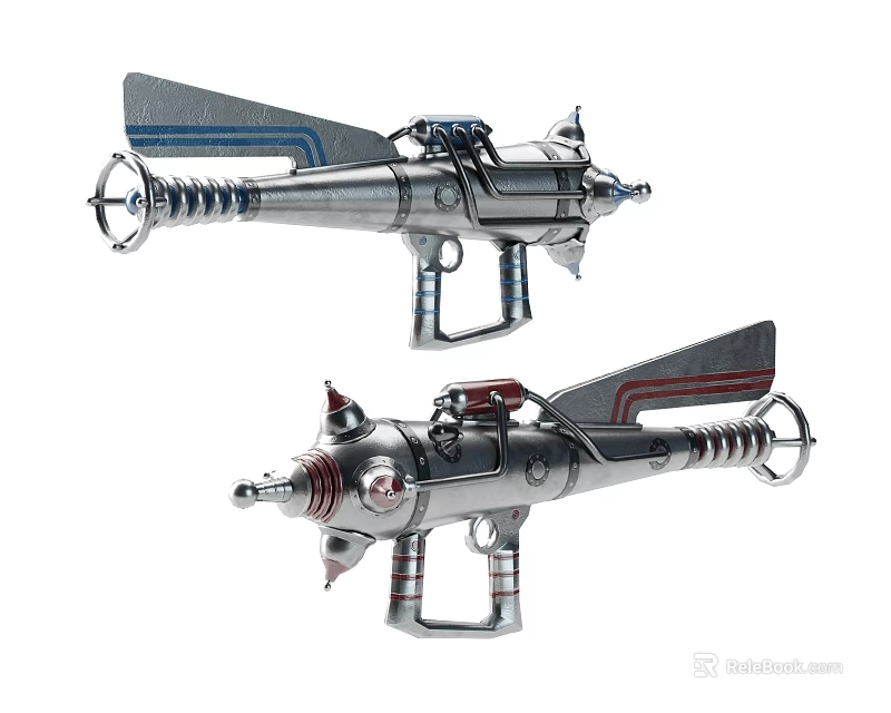 Futuristic Silver Sci Fi Ray Guns With Unique Metallic Design And Blue Red Accents 3d model 