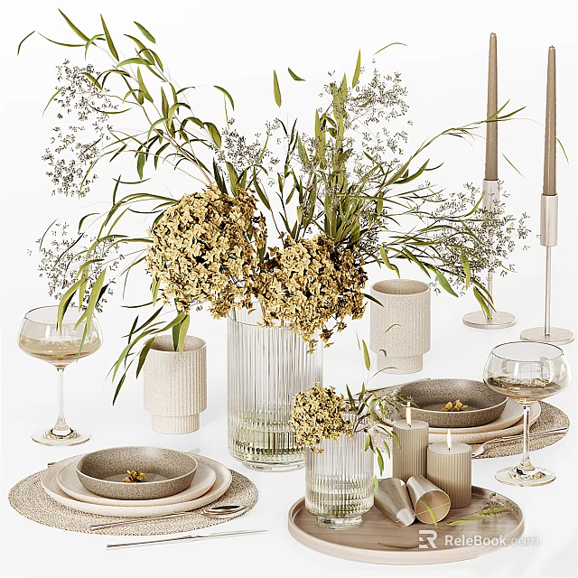 Modern Tableware Set With Dried Flowers Clear Glass Vase Candle Holders Plates And Wine Glasses 3d model 
