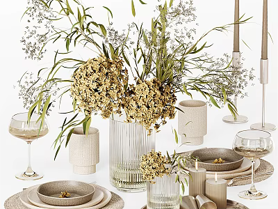 Modern Tableware Set With Dried Flowers Clear Glass Vase Candle Holders Plates And Wine Glasses 3d model