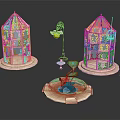 Delicate Decorative Ornament Set With Two Birdcage Ornaments Small Fountain Street Lamp And Flower Pot