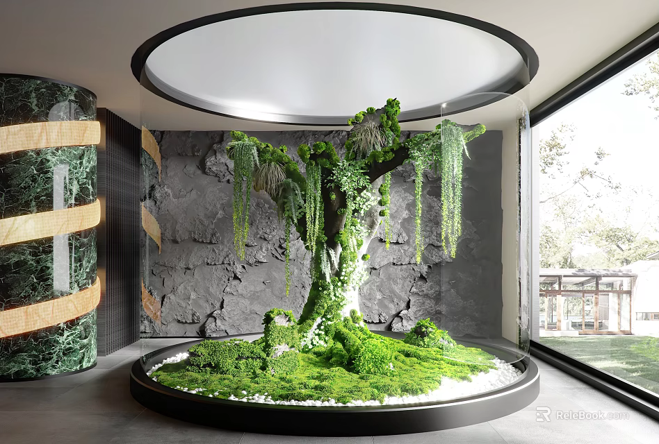 Indoor Landscape With Large Tree Lush Moss Circular Base Ceiling Light And Gray Stone Wall 3d model