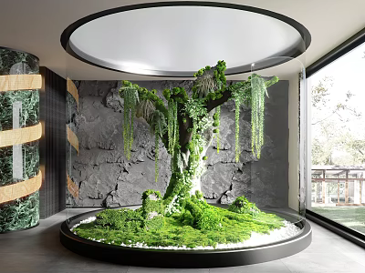 Indoor Landscape With Large Tree Lush Moss Circular Base Ceiling Light And Gray Stone Wall 3d model