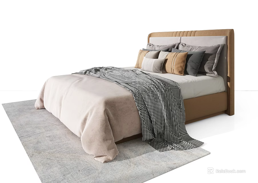 Elegant Modern Double Bed With Upholstered Headboard Mixed Pillows Plaid Blanket And Light Gray Rug 3d model 