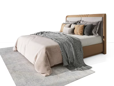Elegant Modern Double Bed With Upholstered Headboard Mixed Pillows Plaid Blanket And Light Gray Rug 3d model