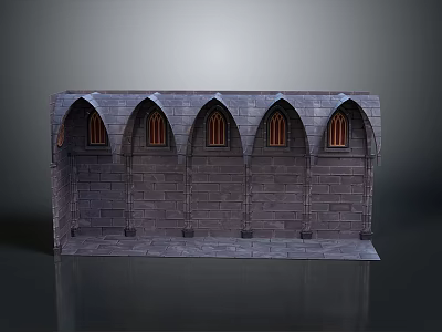 Gothic Stone Wall With Arched Windows Red Glass Brick Texture And Base 3d model