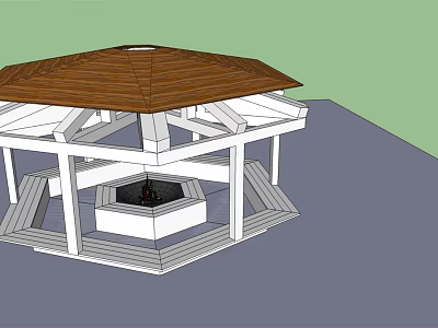 Octagonal Pavilion With Wooden Roof White Pillars Steps And Central Fire Pit 3d model