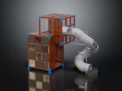 Outdoor Playground Equipment Container Based With Brown Frame Blue Supports And Silver Slide For Kids 3d model