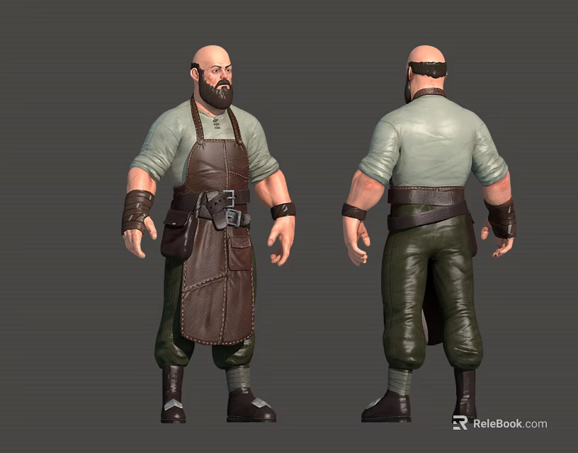 Bald Bearded Male 3D Model With Light Green Shirt Brown Leather Apron Front Back View 3d model 