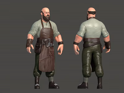 Bald Bearded Male 3D Model With Light Green Shirt Brown Leather Apron Front Back View 3d model