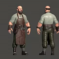 Bald Bearded Male 3D Model With Light Green Shirt Brown Leather Apron Front Back View