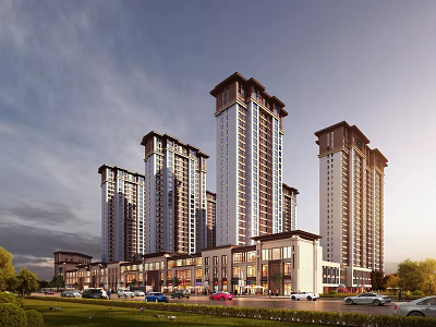 Modern Commercial Street With High Rise Buildings Shops Cars And Lush Greenery 3d model