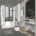 Modern Bathroom Interior With Glass Shower White Towels Mirror Green Plant Marble Countertop And Toilet