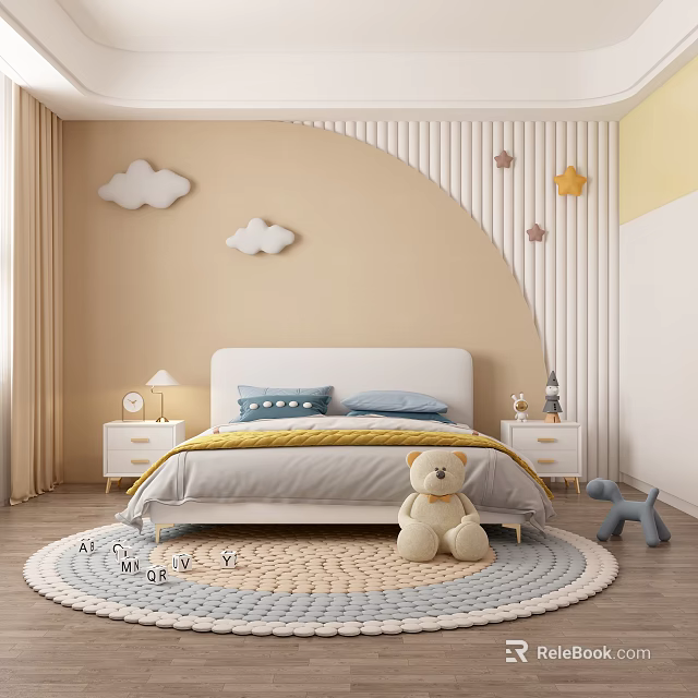 Kids Room Interior With Cloud Star Decorations Wavy Paneling Bed Letter Rug And Stuffed Toys 3d model 