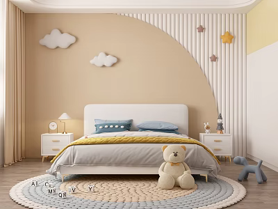Kids Room Interior With Cloud Star Decorations Wavy Paneling Bed Letter Rug And Stuffed Toys 3d model