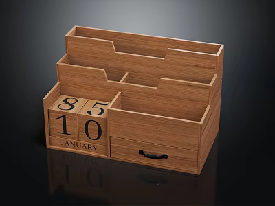 Wooden Desktop Storage Organizer With Multiple Compartments Drawer And Calendar Date 3d model