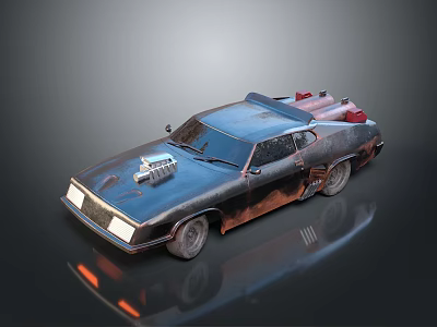Old Blue Rusty Car With Supercharger On Hood And Red Items On Roof 3d model