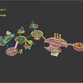 Wooden Platform Scene Components With Green Plants And Small Houses