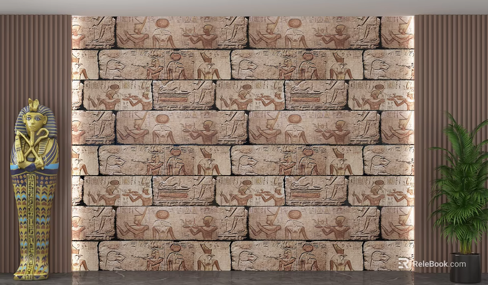 Ancient Egyptian Mural Background Wall With Hieroglyphic Reliefs And Carved Figures 3d model 