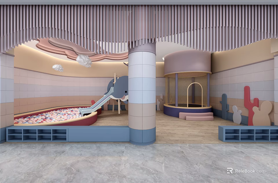 Children's Indoor Play Area With Slide Colorful Ball Pit Decorative Columns And Wall Murals 3d model 