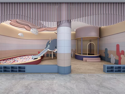 Children's Indoor Play Area With Slide Colorful Ball Pit Decorative Columns And Wall Murals 3d model