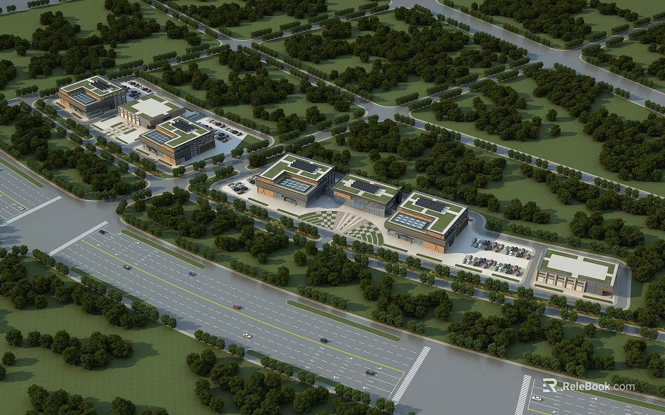Aerial Planning of Modern Building Complex with Greenery Roads and Parking Areas 3d model 