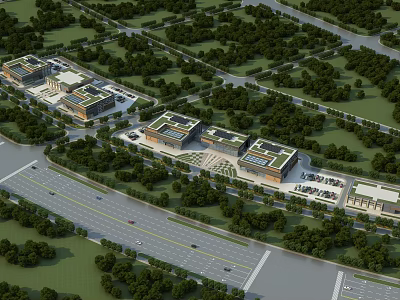 Aerial Planning of Modern Building Complex with Greenery Roads and Parking Areas 3d model