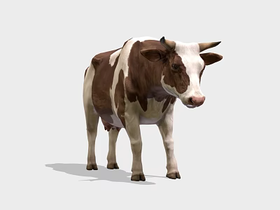 Realistic Brown And White Cow Standing On Plain White Background 3d model