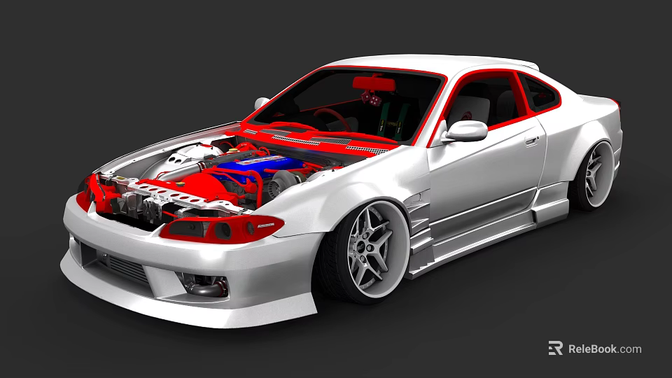White Modified Sports Car With Open Hood Showing Red And Blue Engine Components 3d model 