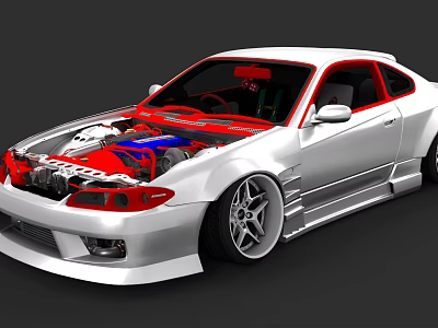 White Modified Sports Car With Open Hood Showing Red And Blue Engine Components 3d model