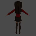 3D Anime Character Girl With Twin Ponytails Red Cross Top Black Pleated Skirt And Gray Background