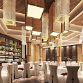 Elegant Banquet Hall with Crystal Chandeliers Wooden Ceiling White Tables and Chairs