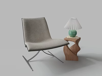 Modern Gray Leisure Chair With Metal Frame Next To Wooden Side Table And Table Lamp 3d model