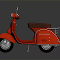 Red Vintage Scooter With Brown Leather Seat And Reflection On Dark Background