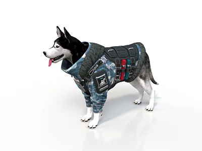 Siberian Husky Dog Wearing Camouflage Tactical Vest With Utility Pockets On White Background 3d model