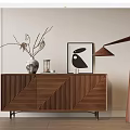 Modern Wooden Entryway Sideboard With Herringbone Pattern Vase Dried Branches Rabbit Artwork and Floor Lamp