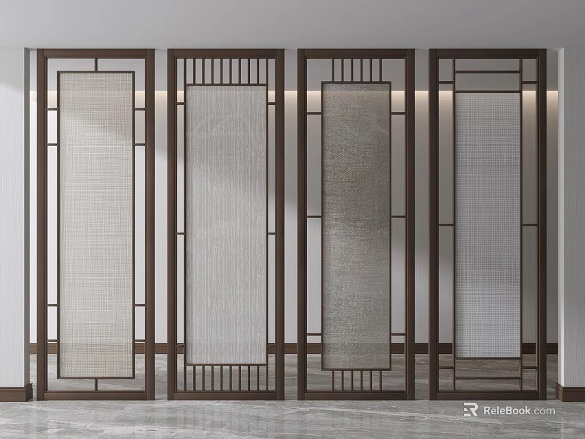 Modern Chinese Style Four Panel Room Divider With Dark Wooden Frame And Translucent Panels 3d model 